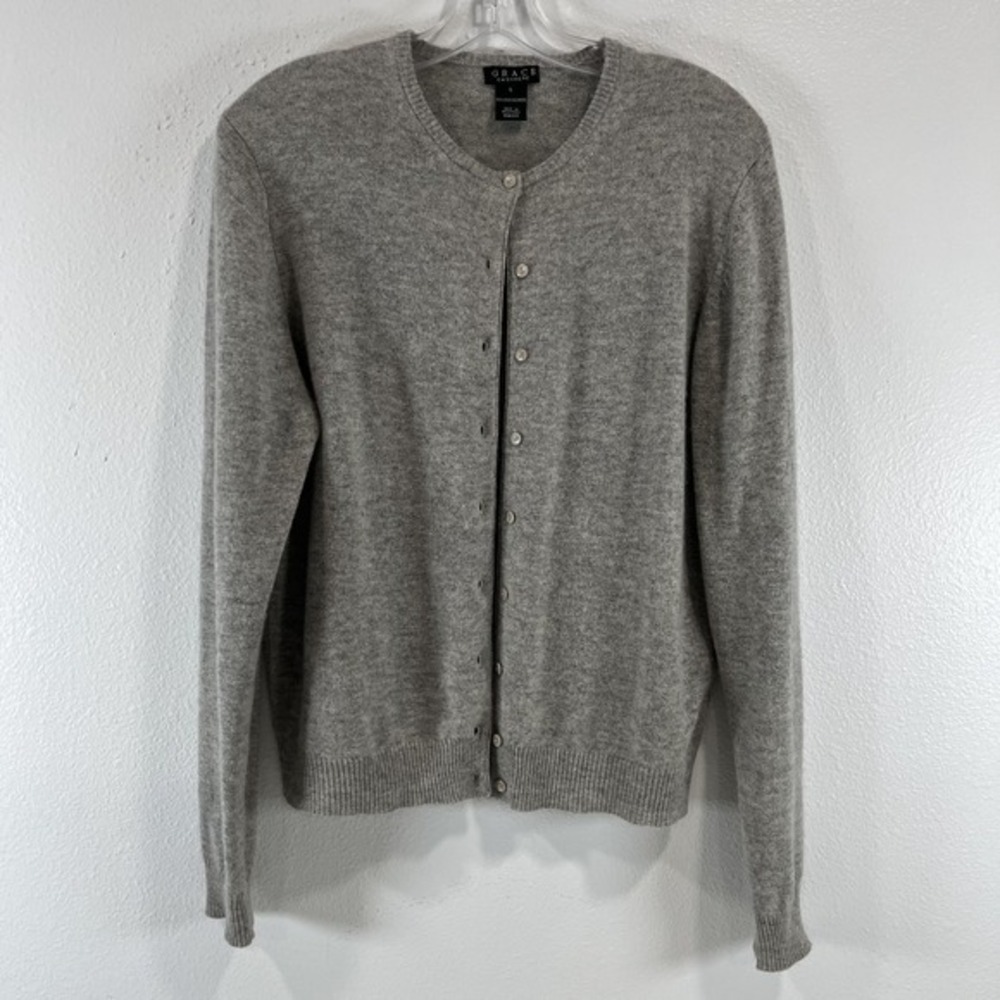 Womens 100% CASHMERE GRACE Cardigan Sweater Size Large Button Down Gray Charcoal